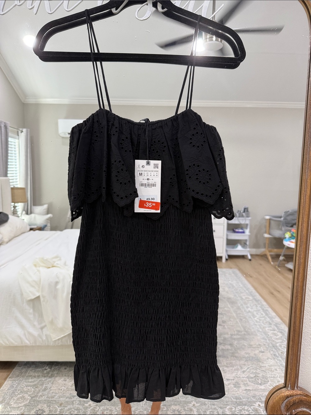 Zara Black Eyelet Off-Shoulder Mini Dress